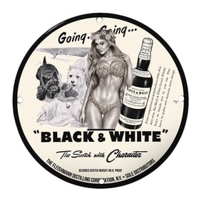 Rare & Unique 8" Black & White Porcelain Sign ? Vintage Scotch Whisky Advertising Decor