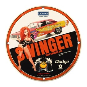 Rare Vintage 8-Inch Porcelain Sign Featuring Dodge Dart Swinger - Unique Garage Decor