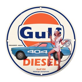 Rare Unique 8" Gulf Oil Porcelain Sign with Vintage Peugeot 404 Artwork - Collector's Dream