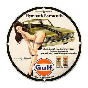 Rare Vintage 8" Porcelain Sign - Plymouth Barracuda & Gulf Oil - Unique Design
