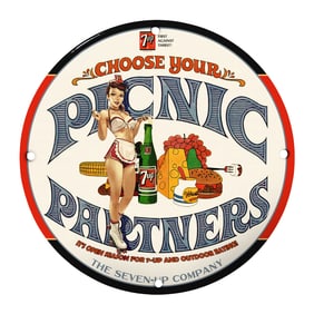 Rare Vintage 8" Porcelain 7-Up Picnic Partners Sign - Unique Collector's Item