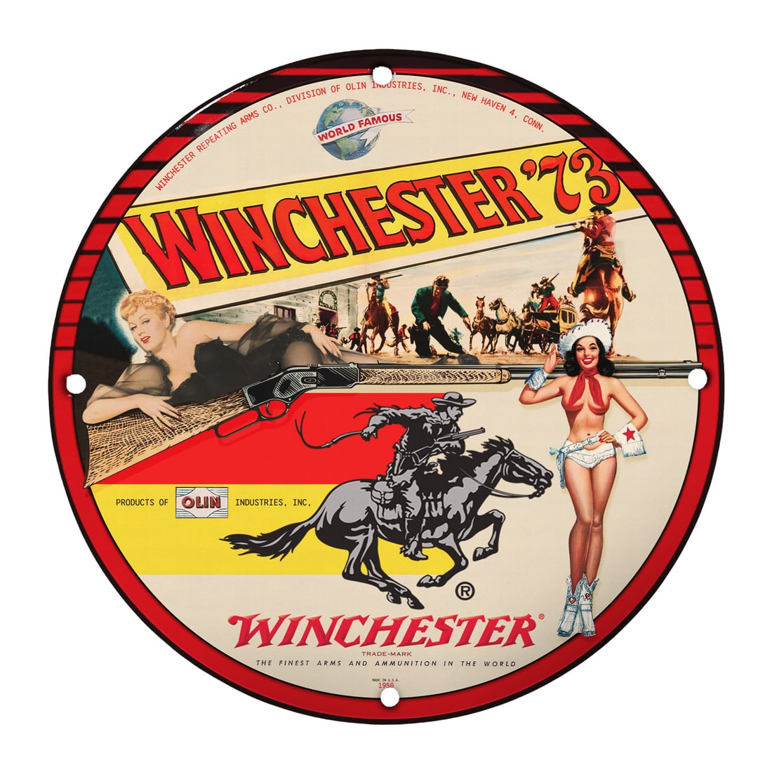 Unique Vintage 8" Porcelain Sign: Winchester '73 - A Collector's Dream: Introducing an exquisite antique-inspired 8-inch porcelain sign featuring the iconic Winchester '73 design. Perfect for collectors and those who appreciate nostalgic decor, this sign combines rich his