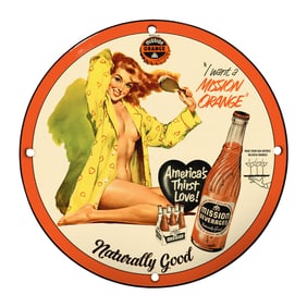 Vintage 8" Mission Orange Porcelain Sign - Rare Collectible Art Deco Advertising