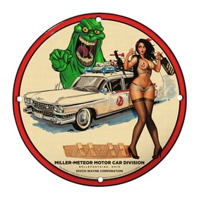 Rare Unique Design 8" Porcelain Sign - Vintage Pin-up Ghostbuster Art