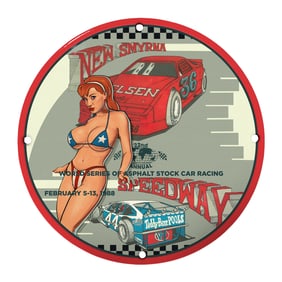 Rare Vintage 8" Porcelain Sign: 1988 New Smyrna Speedway Stock Car Racing Art