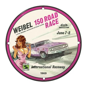 Rare Vintage 8" Porcelain Sign: Weibel 150 Road Race - International Raceway, 1969