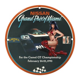 Rare Unique 8" Nissan Grand Prix of Miami Porcelain Sign - A Collector's Dream