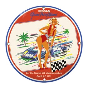 Rare Vintage 8" Porcelain Nissan Grand Prix of Miami Sign - 1991 Championship Memorabilia