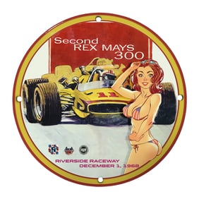 Unique 8" Porcelain Sign - Vintage Racing Art with Retro Glamour - Rex Mays 300 Collector Item