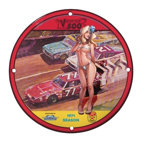 Rare Unique 8" Porcelain Sign: 1971 Volunteer 500 with Vintage Racing Artwork