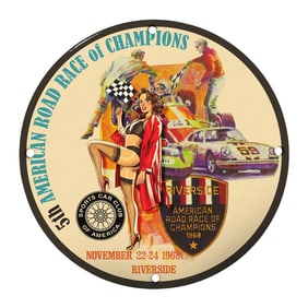 Rare 8" Vintage Porcelain Sign: 5th American Road Race of Champions (1968)
