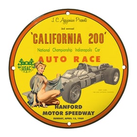 Rare 8" Vintage Porcelain Sign: 1969 California 200 Auto Race at Hanford Speedway