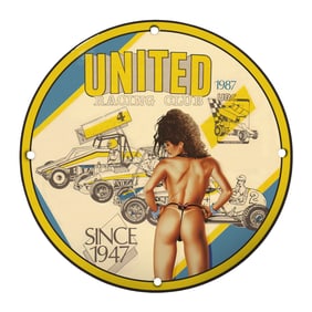Unique Vintage 8" Porcelain Sign - United Racing Club - Since 1947 - Classic Auto Decor