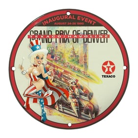 Unique 8" Texaco Porcelain Sign ? Grand Prix of Denver 1990 ? Rare Collectible Design