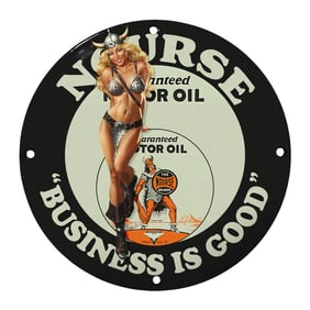 Rare 8" Vintage Porcelain Sign: Nurse Motor Oil ? Business is Good!