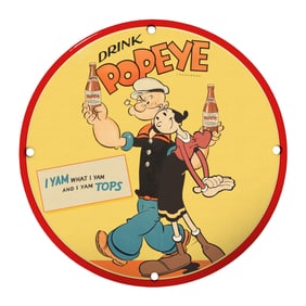 Rare 8" Porcelain Sign Featuring Popeye - Vintage Drink Advertising Collectible