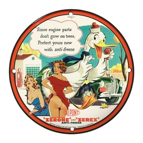 Rare Vintage 8" Porcelain Sign - Unique DuPont Anti-Freeze Design Featuring Playful Imagery