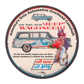 Rare Unique Design 8" Porcelain Sign - Vintage Jeep Wagoneer Advertising Art