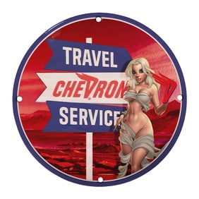 Unique 8" Vintage Porcelain Chevron Sign with Bold Travel Services Design
