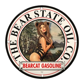 Rare Unique Design 8" Porcelain Sign - Vintage Bearcat Gasoline Artwork