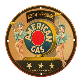 Vintage 8" Porcelain Sign - Unique American Gas Design with Lady Liberty