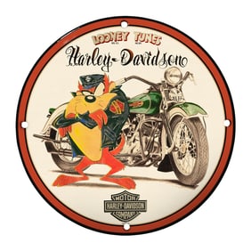 Unique 8" Porcelain Sign Featuring Looney Tunes & Harley-Davidson Design