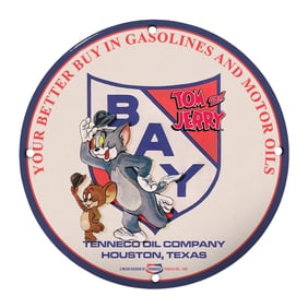 Rare Vintage 8" Tom and Jerry Porcelain Sign - Collectible Gasoline Advertising Piece