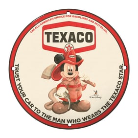 Rare 8" Texaco Porcelain Sign Featuring Iconic Mickey Mouse Design