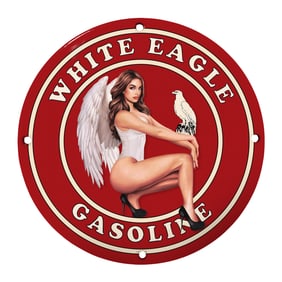 Rare Vintage 8-Inch Porcelain Sign Featuring White Eagle Gasoline with Unique Design