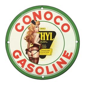 Unique 8" Porcelain Sign Featuring Vintage Conoco Gasoline Design