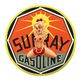 Rare Unique 8" Porcelain Sign - Vintage Sunray Gasoline with Playful Retro Design