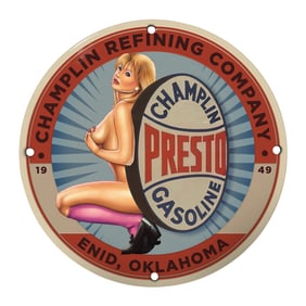 Collectible 8" Champlin Refining Co. Presto Gasoline Porcelain Sign - Unique Design