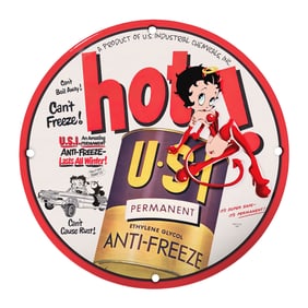 Rare Unique Design 8" Porcelain Sign Featuring Iconic Betty Boop and U.S.I Anti-Freeze