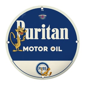 Rare Vintage 8" Porcelain Puritan Motor Oil Sign - Unique Collectible Design