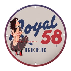 Unique 8" Royal 58 Beer Porcelain Sign with Vintage Pin-Up Design