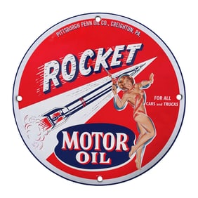 Vintage Rocket Motor Oil Porcelain Sign: Unique 8" Retro Design for Collectors