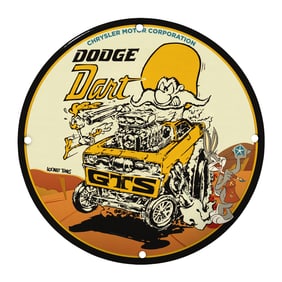 Rare 8" Dodge Dart Porcelain Sign Featuring Looney Tunes Design - Unique Collectible!