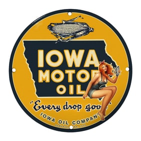 Rare Unique 8-Inch Iowa Motor Oil Porcelain Sign - Vintage Gas Station Memorabilia