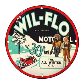 Rare Vintage Wil-Flo Porcelain Sign - 8" Unique Design Featuring Winter Scene
