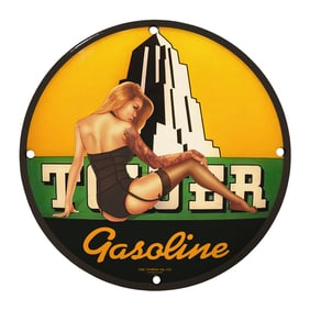 Unique 8" Porcelain Gasoline Sign with Vintage Woman Artwork - Rare Collectible