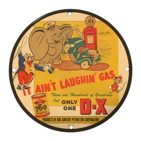 Unique 8" Vintage Porcelain Sign - D-X Gasoline with Adorable Characters