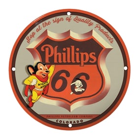 Rare and Unique 8-Inch Porcelain Phillips 66 Sign Featuring Mighty Mouse