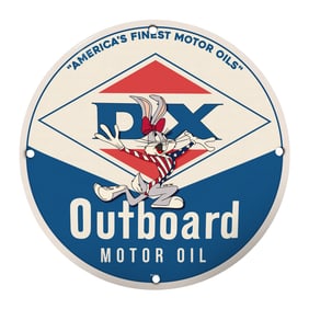 Rare 8-Inch Porcelain Sign Featuring Vintage DX Outboard Motor Oil Design