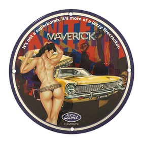 Rare Unique Design 8" Porcelain Sign - Vintage Ford Maverick Artwork