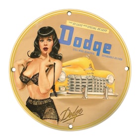 Unique 8" Vintage Dodge Porcelain Sign with Classic Pin-Up Design for Automotive Collectors