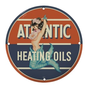Rare Unique Design 8" Porcelain Sign - Vintage Atlantic Heating Oils Mermaid Art