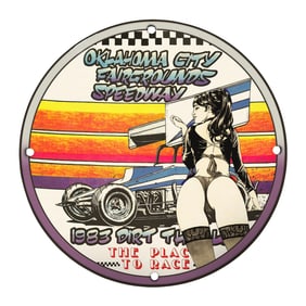 Rare Vintage 8" Porcelain Sign - Oklahoma City Fairgrounds Speedway 1983 Dirt Track