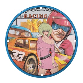 Rare 8" Vintage Porcelain Sign: Battleground Speedway Racing Art from 1984