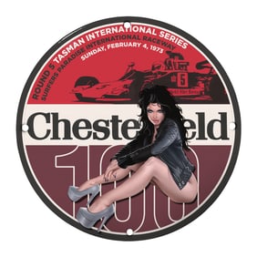 Rare 8" Porcelain Sign - 1973 Chesterfield Tasman International Series Design