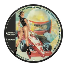 Unique Vintage 8" Porcelain Sign Featuring Milwaukee Mile Racing Artwork